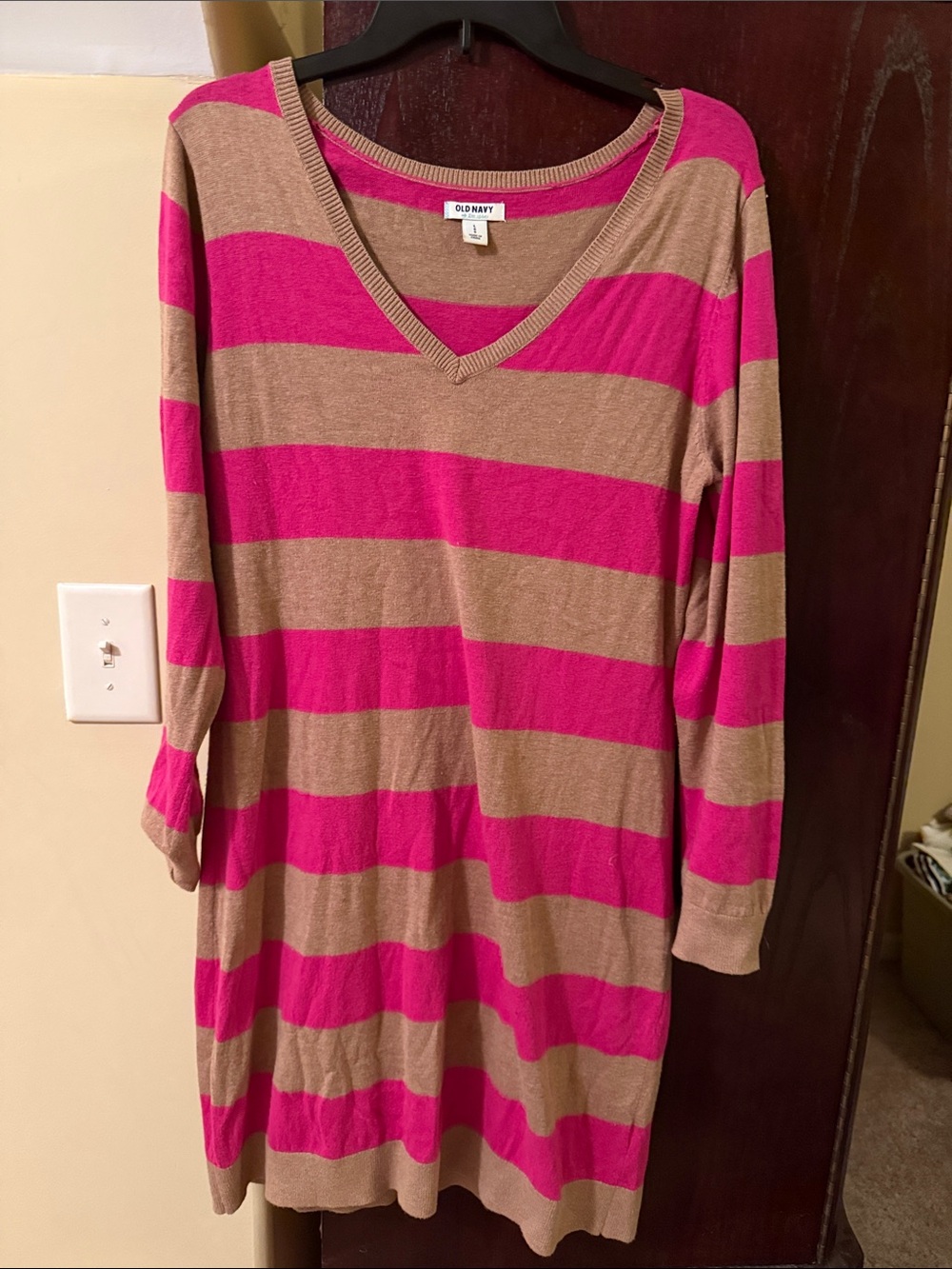 Old Navy Fuchsia and Tan Striped V-Neck Sweater dress